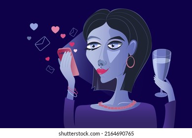 Young Beautiful Woman Spending Her Evening With A Glass Of Wine And Virtual Chatting. Valentine's Day, Internet Dating Concept