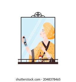 Young beautiful woman spraying cream on her face skin, flat vector illustration isolated on white background. Woman engaged with her daily beauty routine.