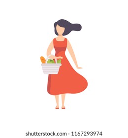 Young beautiful woman standing with basket with healthy food, girl doing shopping at the grocery shop vector Illustration on a white background