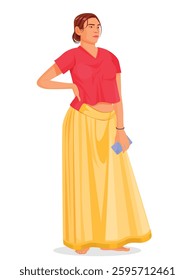 Young Beautiful Woman. woman standing and woman holding a phone in her hand, indian woman illustration