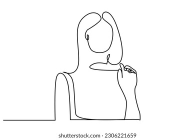 Young beautiful woman stands cautiously worried. woman touching hand fingers up