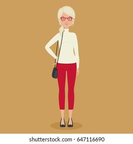 Young beautiful woman staying alone with a handbag. Vector art