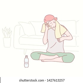 Young beautiful woman suffers from heat stroke, sunstroke, high temperature, sweating, feels dizzy and puts wet towel to her head. Hand drawn style vector design illustrations.