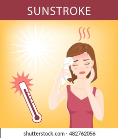 Young beautiful woman suffers from sunstroke, sweating, feels dizzy and puts wet towel to her head. Vector illustration.