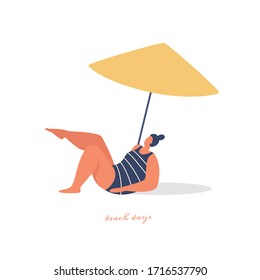 Young beautiful woman sunbathes under a beach umbrella. Plump girl is resting and spending leisure time in the fresh air. Vector images in trendy flat style. 