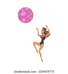 Young beautiful woman with suntan in swimsuit jumps playing inflatable beach ball - element for summer vacation and holiday time banner or card. Cartoon style vector illustration.