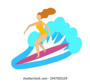 Young beautiful woman surfing. Cartoon. Vector illustration.