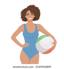 Young beautiful woman in swimsuit holding beach ball. Flat vector character illustration