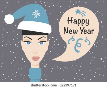 Young beautiful woman with talking bubble wishes Happy New Year. You can place your text here. Christmas vector illustration.