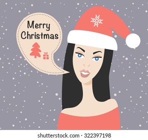 Young beautiful woman with talking bubble wishes Merry Christmas. You can place your text here. Christmas vector illustration.