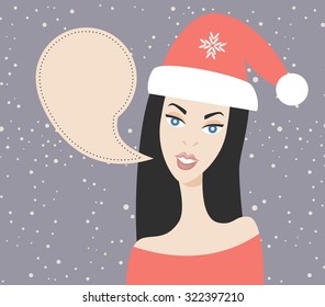 Young beautiful woman with talking bubble. You can place your text here. Christmas vector illustration.