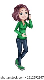 Young Beautiful Woman  Talking on Phone Cartoon Illustration. Girl Wearing Green T-shirt and Jeans and Holding a Smartphone