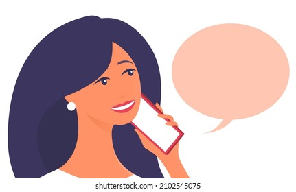 Young beautiful woman talking on the phone. There is a smile on my face. Bubble with place for text. Vector cartoon illustration isolated on white background