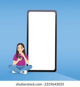 Young beautiful woman thinking and sitting with crossed legs near huge blank phone screen on blue background vector illustration