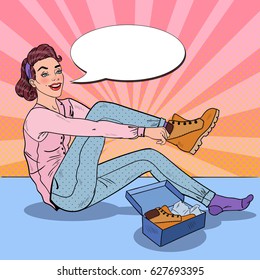 Young Beautiful Woman Trying on New Shoes in a Store. Seasonal Shopping. Pop Art vector illustration