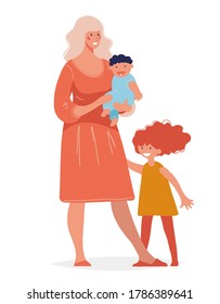 Young beautiful woman with two children. Concept of motherhood, parenthood, single mother, happy childhood. Mom stands with her daughter and son in her arms. Cartoon vector illustration