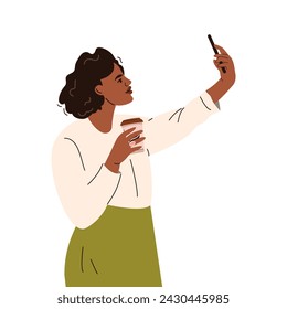 A young beautiful woman uses a smartphone and takes a photo or a video of herself. Blogging, communication concept. Vector flat cartoon illustration.