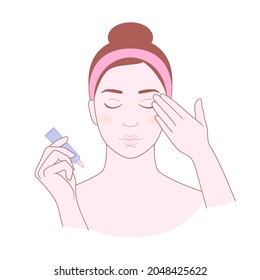 Young beautiful woman is using a eye cream. Vector illustration isolated on white background