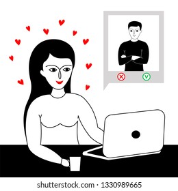 Young beautiful woman using her laptop  with online dating app trying to find love. Online dating concept. Vector illustration.
