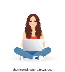 Young beautiful woman using laptop computer sitting in lotus pose with crossed legs isolated vector illustration