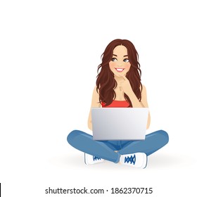 Young beautiful woman using laptop computer, sitting in lotus pose with crossed legs, thinking or choosing. Isolated vector illustration