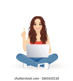 Young beautiful woman using laptop computer pointing up, sitting in lotus pose with crossed legs isolated vector illustration