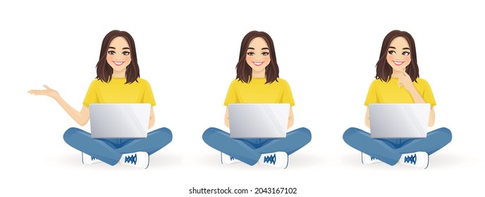 Young beautiful woman using laptop computer sitting with crossed legs set and different gestures. Isolated vector illustration