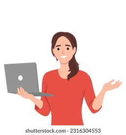 Young beautiful woman using laptop computer showing. Flat vector illustration isolated on white background