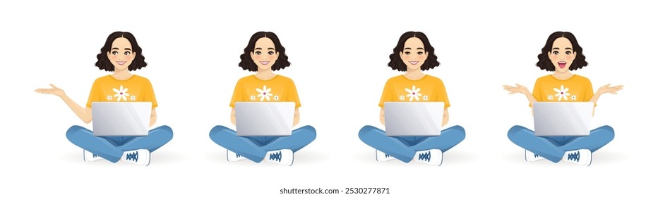 Young beautiful woman using laptop computer sitting with crossed legs and different gestures. Isolated vector illustration set