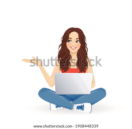 Young beautiful woman using laptop computer showing, sitting with crossed legs isolated vector illustration