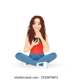 Young beautiful woman using mobile phone sitting with crossed legs thinking or choosing isolated vector illustration