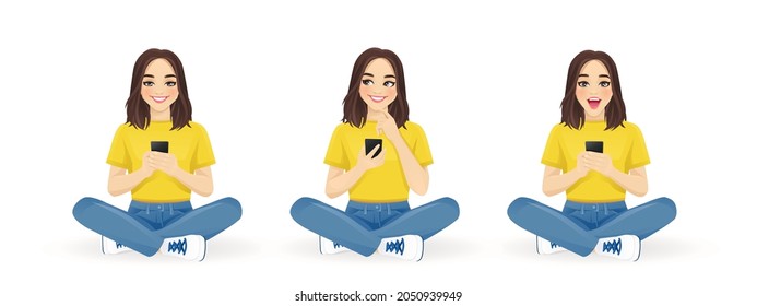 Young beautiful woman using mobile phone sitting in lotus pose with crossed legs isolated vector illustration. Text messaging, thinking and surprised celebrating different gestures