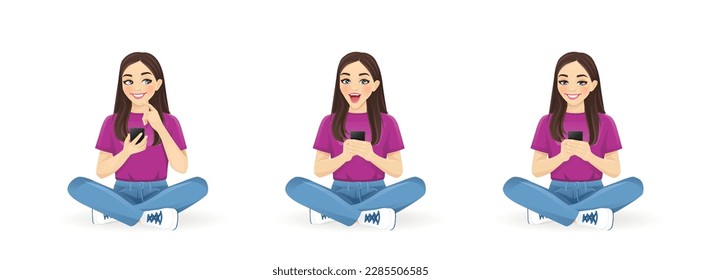 Young beautiful woman using mobile phone sitting on the floor with crossed legs isolated vector illustration. Text messaging, thinking and surprised celebrating different gestures.