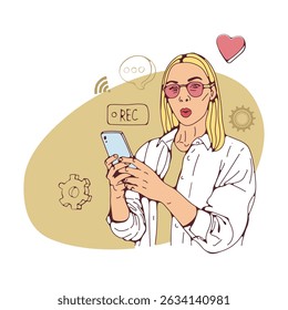 Young beautiful woman using smartphone, getting likes for her posts