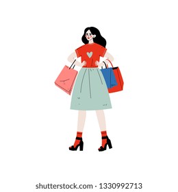 Young Beautiful Woman Walking with Shopping Bags, Brunette Girl Purchasing at Store, Mall or Shop Vector Illustration