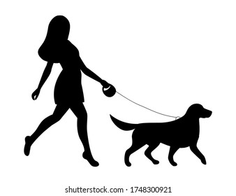 Young Beautiful Woman Walks With A Labrador. Silhouette Of A Girl And A Dog In Side View. Summer Walking Dog Concept. Vector Illustration