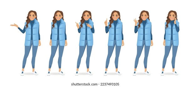 Young beautiful woman in warm puffy vest. Winter or autumn clothes isolated vector illustration