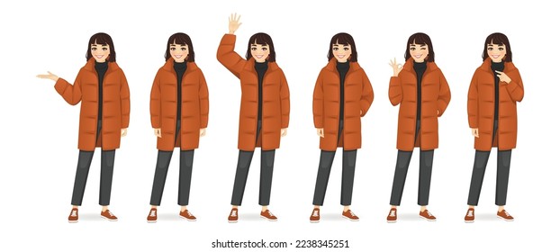 Young beautiful woman in warm puffy jacket. Winter or autumn clothes isolated vector illustration