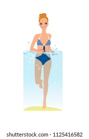 Young beautiful woman wearing bikini running in the sea water. Summer beach workout. Vector illustration.