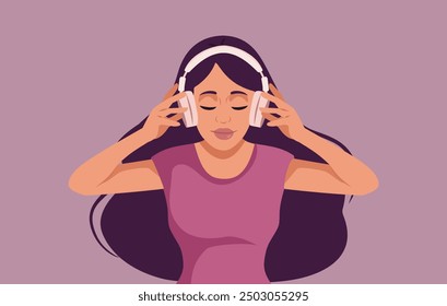 
Mujer hermosa joven que lleva la Ilustración vectorial de los auriculares. Aficionado musical sintiéndose emocionado y alegre divirtiéndose 
