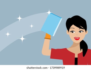 Young beautiful woman wearing hygiene glove holding sponge cleaning window. Vector Illustration. Idea for cleaning house to protect from covid-10/bacteria and diseases or cleaning service.