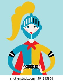 Young beautiful woman wearing knight helmet and outfit. Vector illustration. cancer woman horoscope sign.