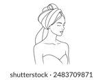 Young beautiful woman wearing shower towel after bath Continuous line art vector illustration on white background