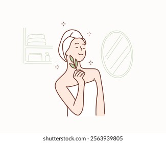 Young beautiful woman wearing shower towel after bath. Natural organic skin care, Hand drawn style vector design illustrations.	