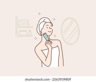 Young beautiful woman wearing shower towel after bath. Natural organic skin care, Hand drawn style vector design illustrations.	