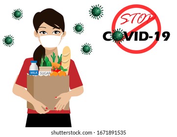 Young beautiful woman wearing surgical mask holding grocery bag full of food products, corona virus diseases  (COVID-19) background.  Idea for COVID-19 outbreak, prevention and awareness.