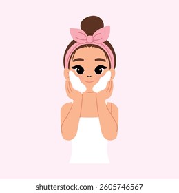 Young Beautiful Woman Wearing White Tank Top with Pink Shower Headband Facial Cleaning with Foam illustration