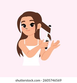  Young Beautiful Woman Wearing White Tank Top Styling Her Hair with Curling Iron Illustration
