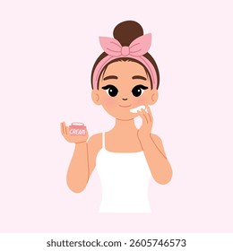 Young Beautiful Woman Wearing White Tank Top with Pink Shower Headband Holding Jar of Cream and Applying Serum to Her Facial Skin illustration