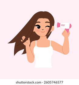 Young Beautiful Woman Wearing White Tank Top Using a Hair Dryer to Dry Her Hair illustration
